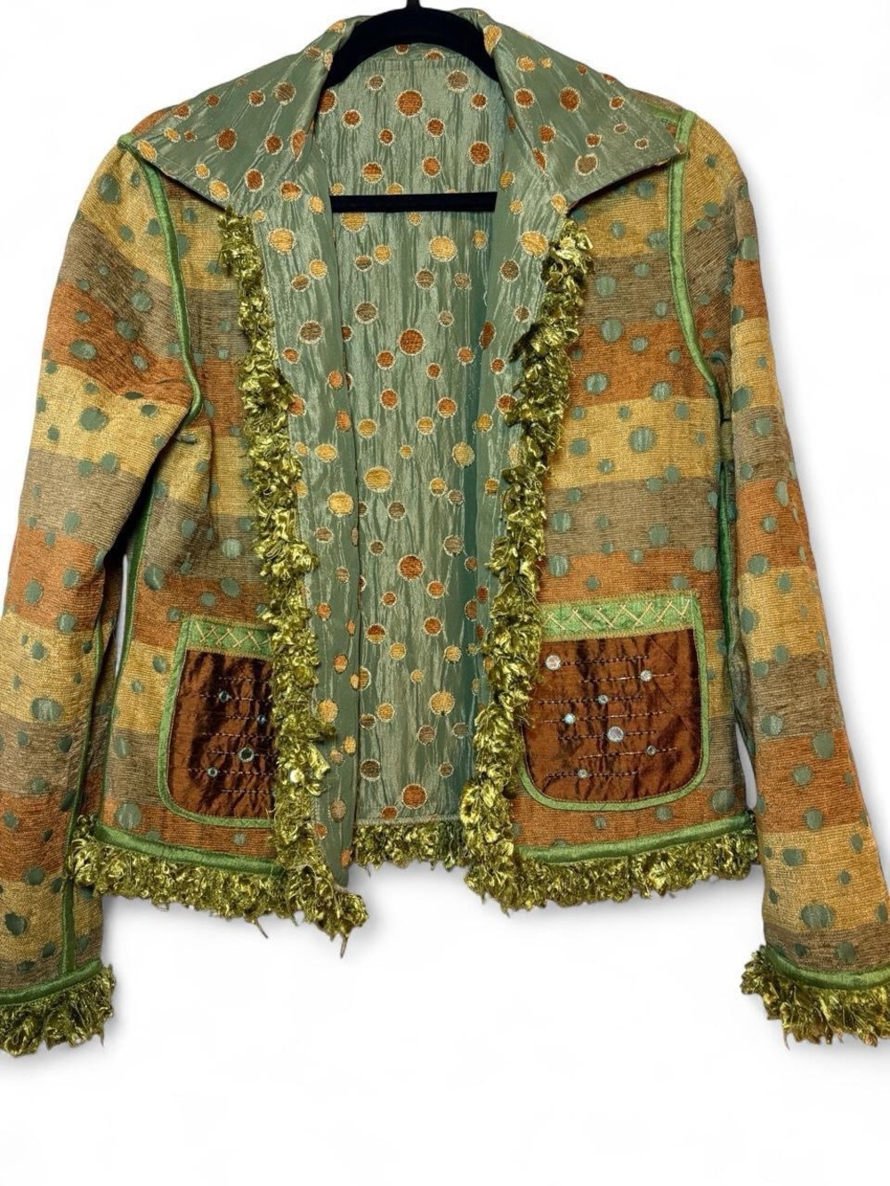 Y2K Vintage Reversible Silk Blend Patchwork Fringe Women's Jacket - Picture 2 of 5